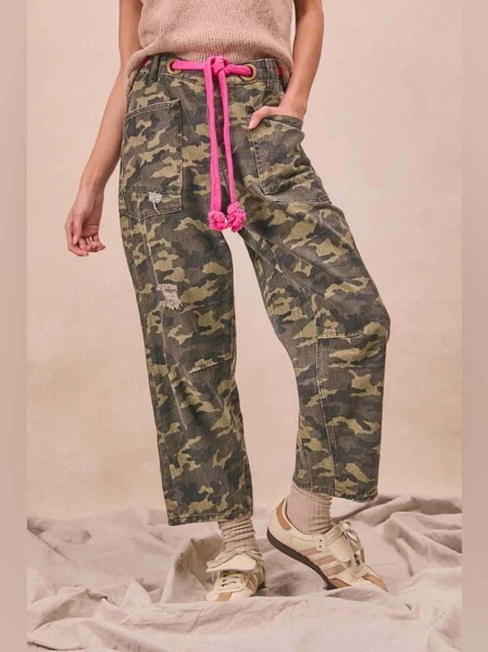 BIBI Braided Waist pink Belt Camo Pants size S